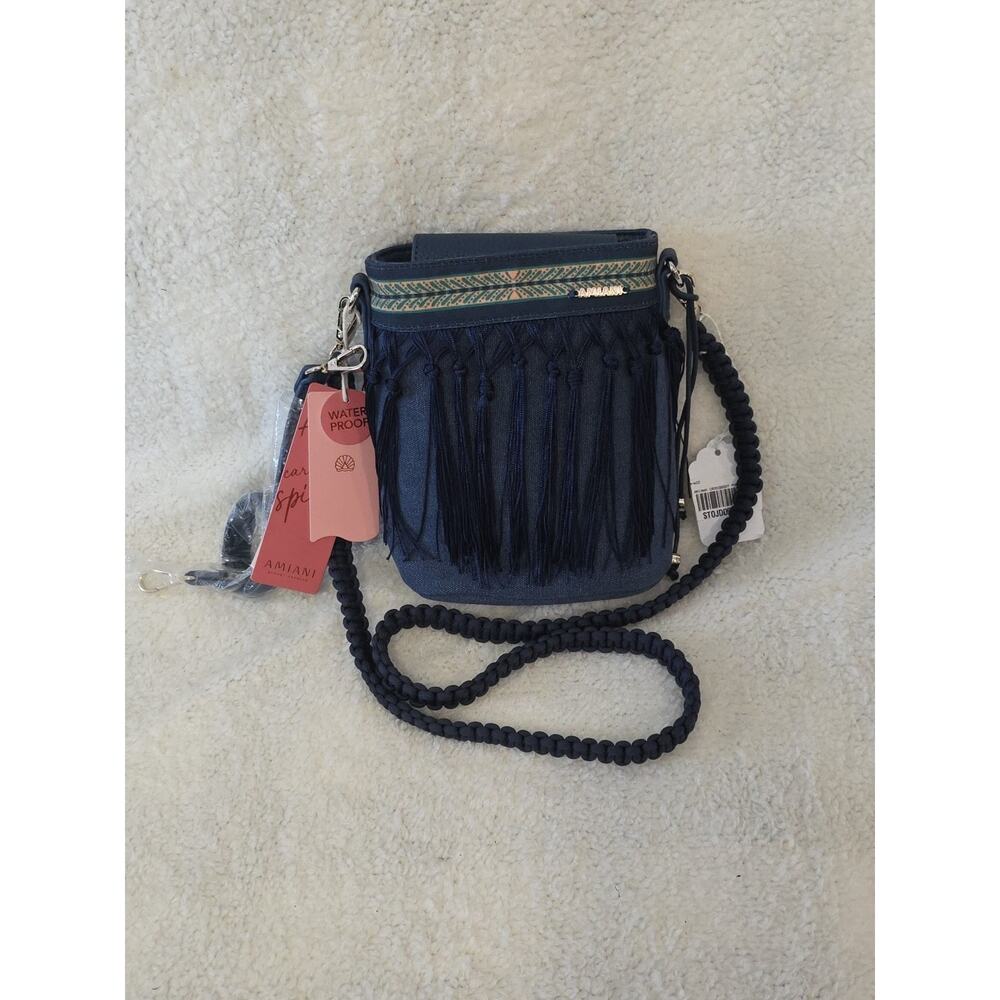 Amiani Resort Fashion Bag Boho Fringe Blue Waterproof Cotton Exterior